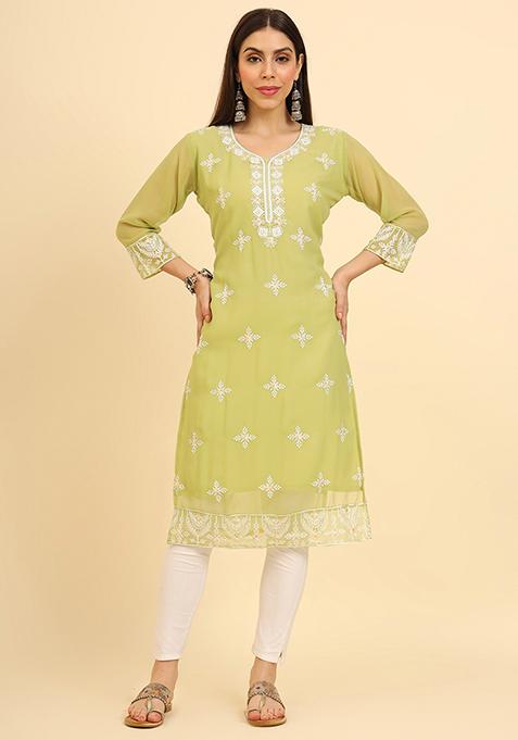 Brown Resham Embroidered Georgette Kurta