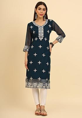 Teal Blue Resham Embroidered Georgette Kurta
