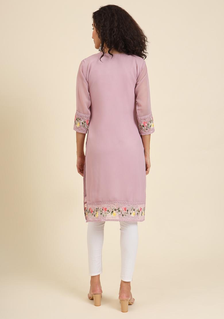 Pink Resham Embroidered Georgette Kurta
