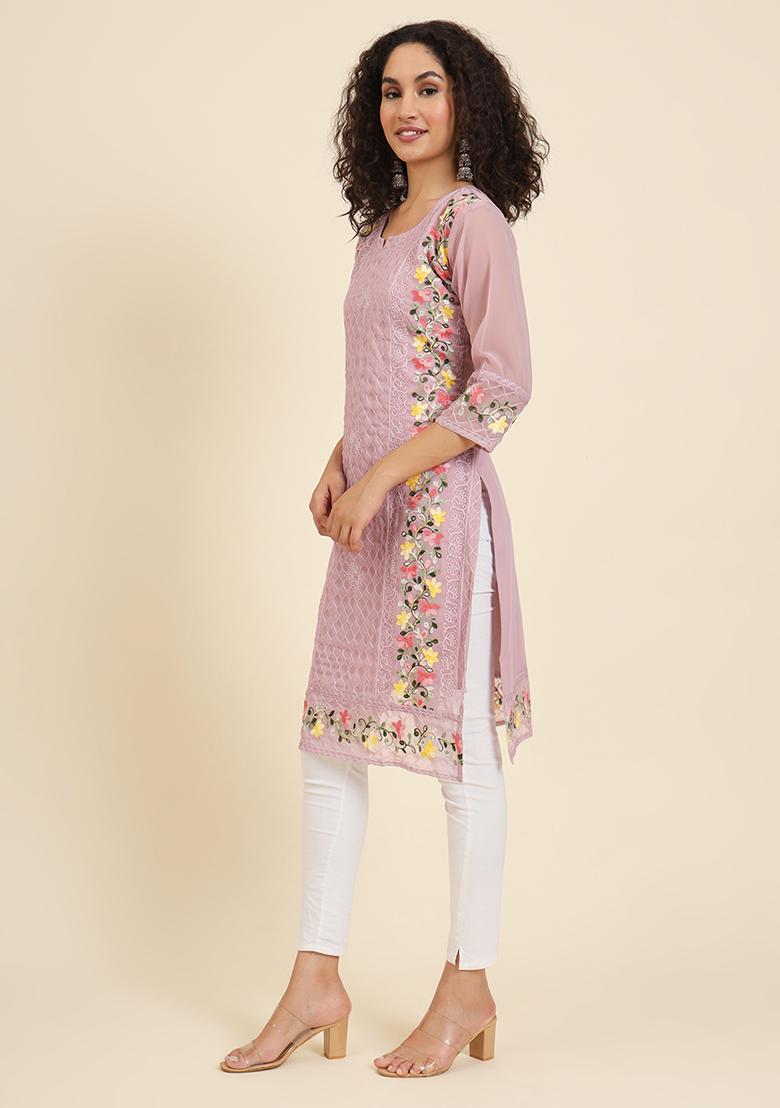 Pink Resham Embroidered Georgette Kurta
