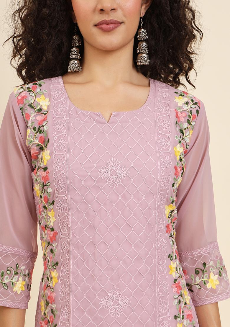 Pink Resham Embroidered Georgette Kurta