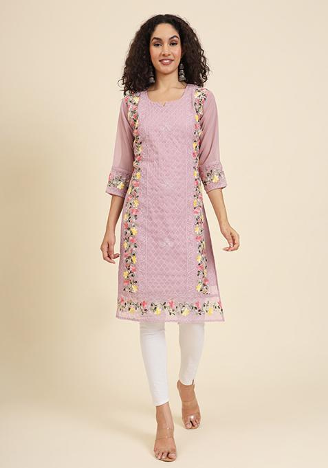 Pink Resham Embroidered Georgette Kurta