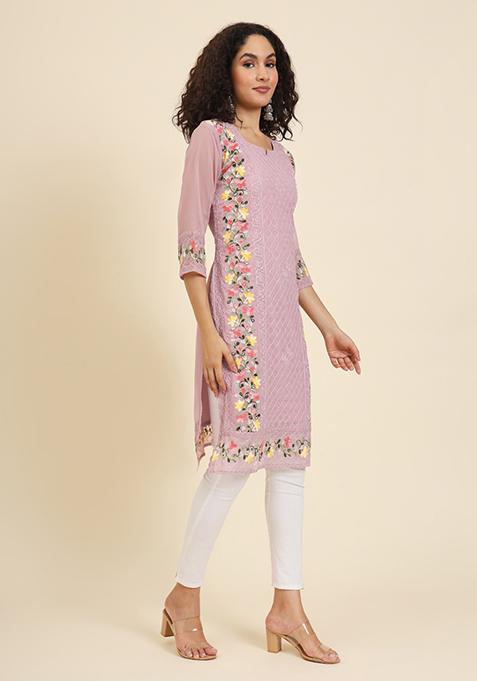 Pink Resham Embroidered Georgette Kurta