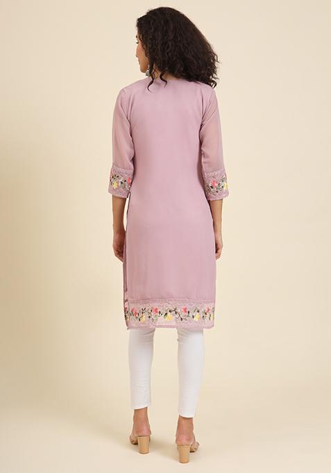 Pink Resham Embroidered Georgette Kurta