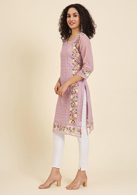 Pink Resham Embroidered Georgette Kurta