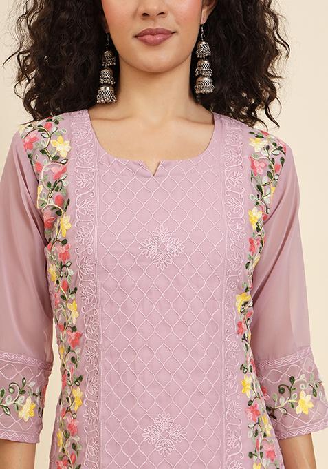 Pink Resham Embroidered Georgette Kurta