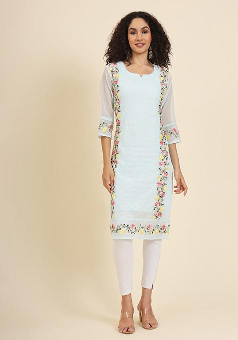 Sky Blue Resham Embroidered Georgette Kurta