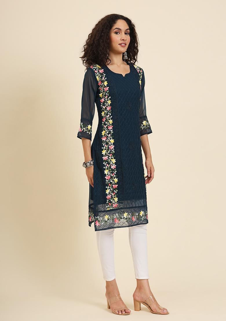 Blue Resham Embroidered Georgette Kurta - Indya