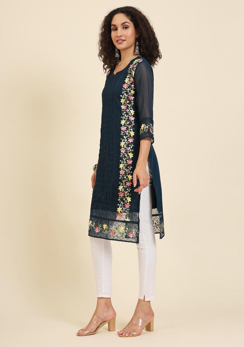 Blue Resham Embroidered Georgette Kurta - Indya