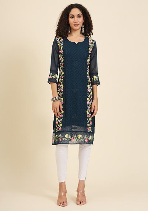 Blue Resham Embroidered Georgette Kurta