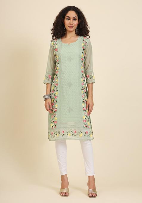 Green Resham Embroidered Georgette Kurta