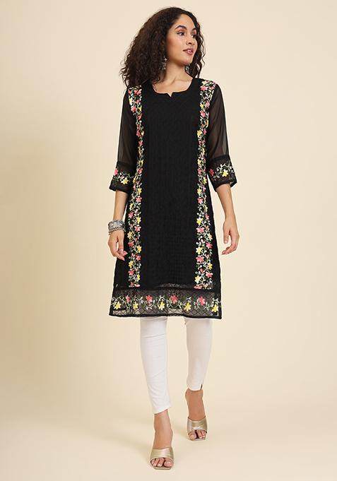 Black Resham Embroidered Georgette Kurta