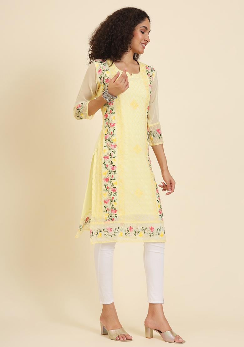 Yellow Resham Embroidered Georgette Kurta