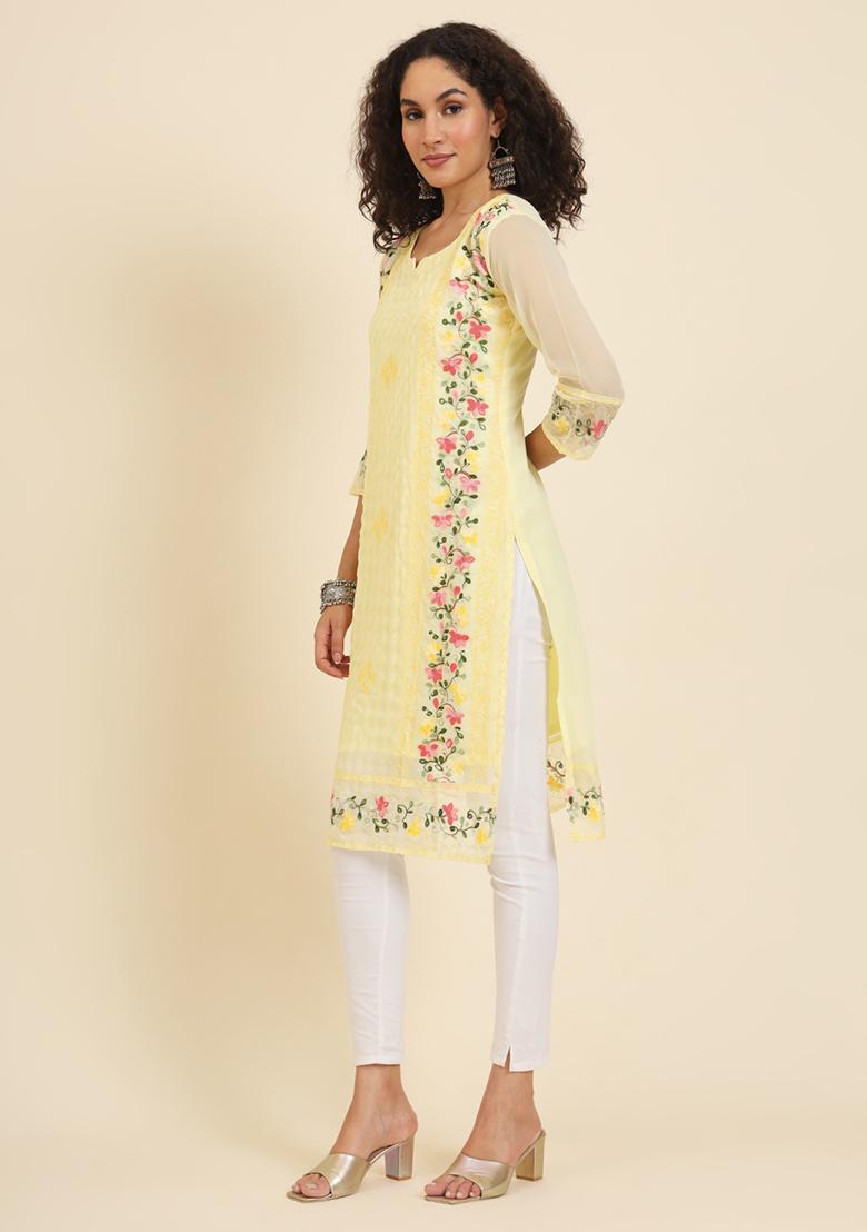 Yellow Resham Embroidered Georgette Kurta