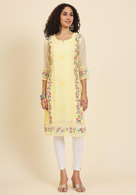 Yellow Resham Embroidered Georgette Kurta