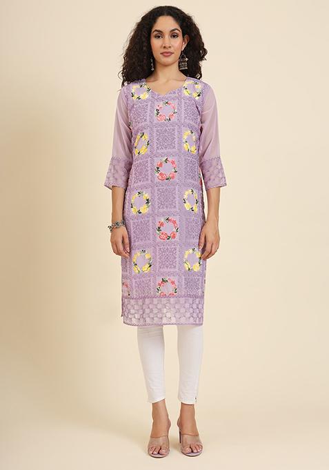 Purple Resham Embroidered Georgette Kurta