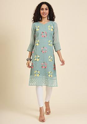 Green Resham Embroidered Georgette Kurta