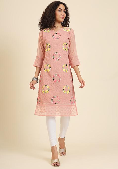 Peach Resham Embroidered Georgette Kurta