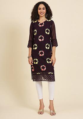 Wine Resham Embroidered Georgette Kurta