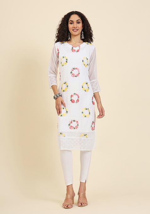 White Resham Embroidered Georgette Kurta