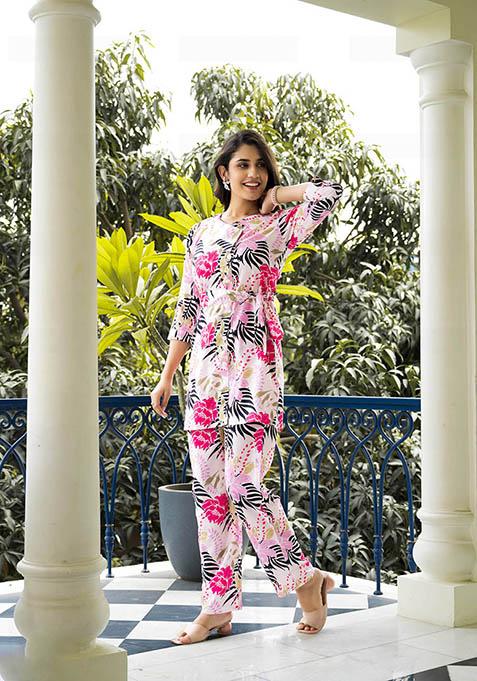 Pink Abstract Print Cotton Kurta Set