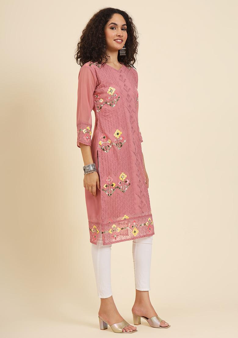 Red Resham Embroidered Georgette Kurta