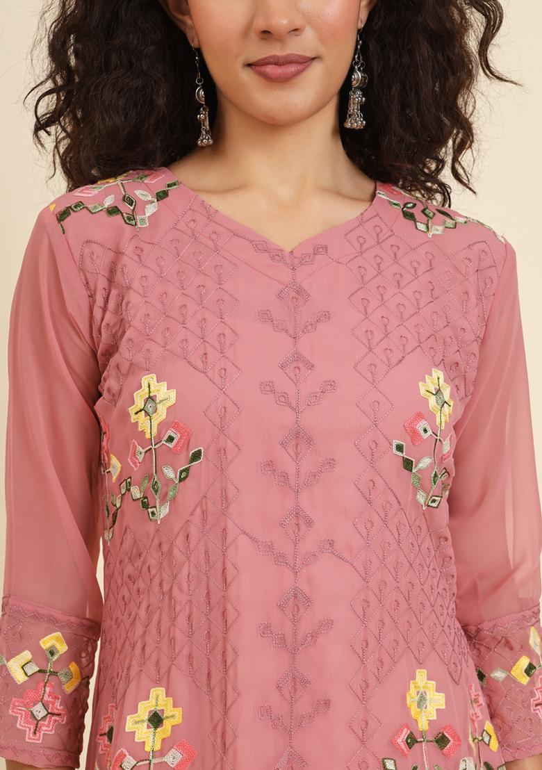 Red Resham Embroidered Georgette Kurta