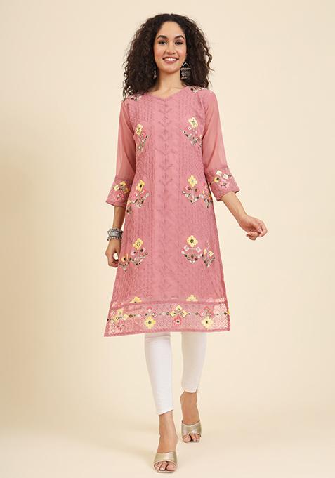 Red Resham Embroidered Georgette Kurta