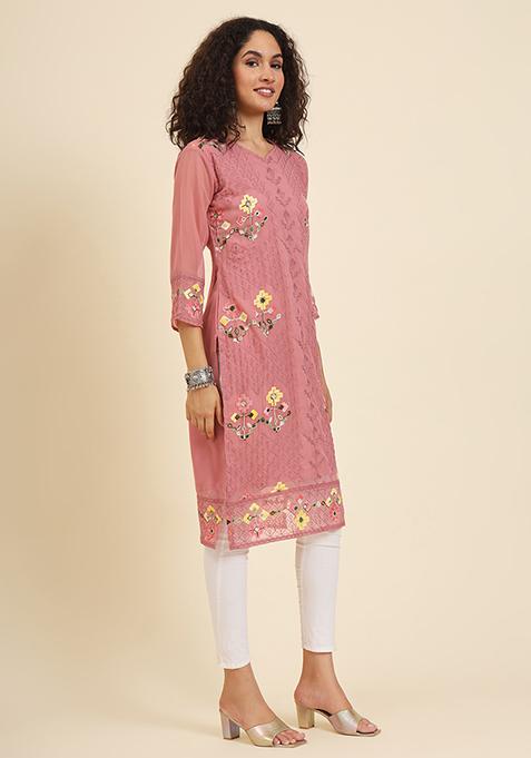 Red Resham Embroidered Georgette Kurta