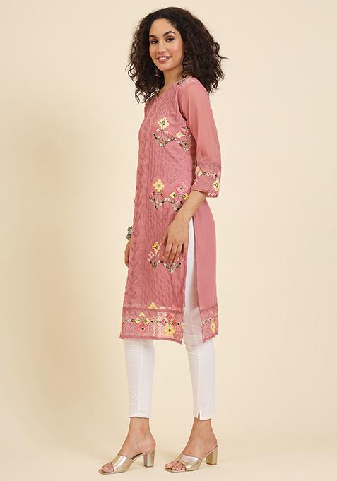 Red Resham Embroidered Georgette Kurta