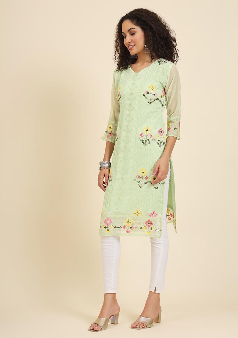 Green Resham Embroidered Georgette Kurta - Indya