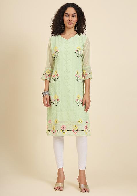 Green Resham Embroidered Georgette Kurta