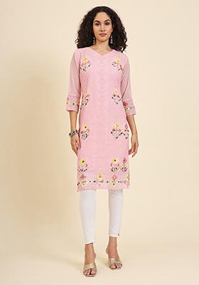 Pink Resham Embroidered Georgette Kurta