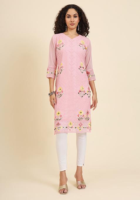 Pink Resham Embroidered Georgette Kurta