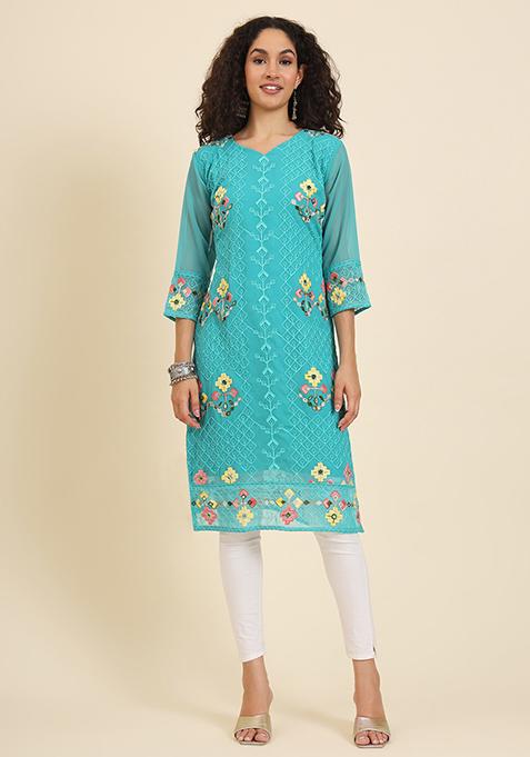 Blue Resham Embroidered Georgette Kurta