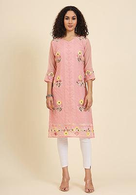 Peach Resham Embroidered Georgette Kurta