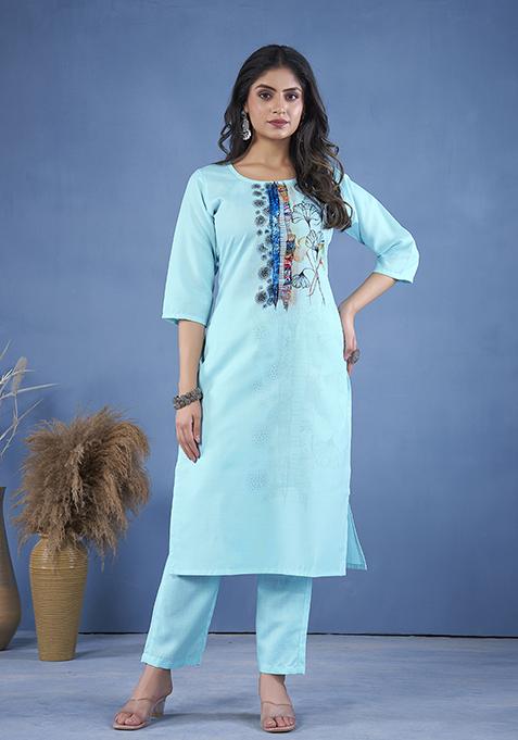 Aqua Blue Abstract Print Cotton Kurta Set