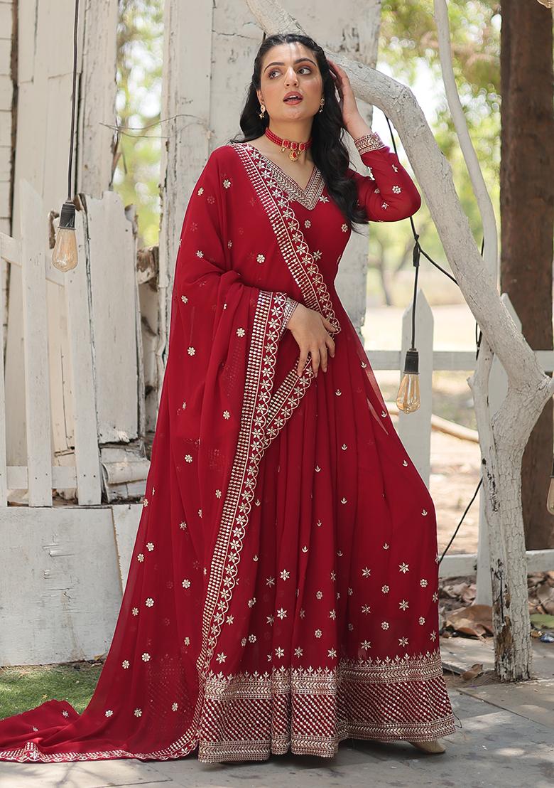 Maroon Sequin Embroidered Georgette Gown With Dupatta