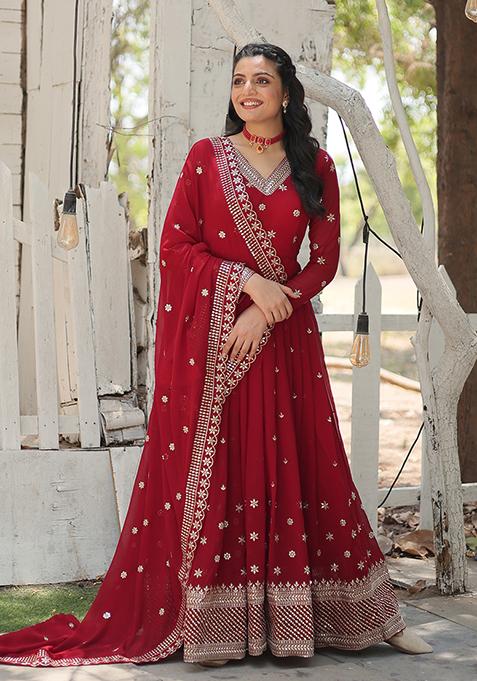 Maroon Sequin Embroidered Georgette Gown With Dupatta