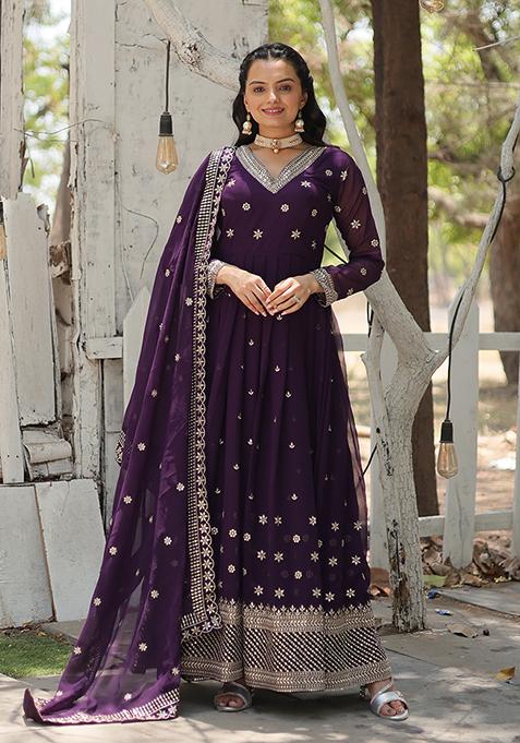 Purple Sequin Embroidered Georgette Gown With Dupatta