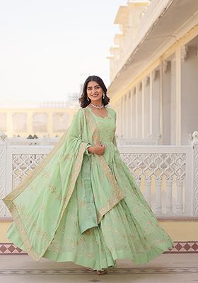 Green Sequin Embroidered Georgette Gown With Dupatta