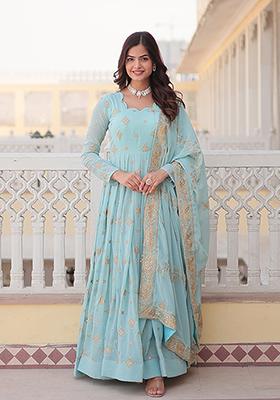 Sky Blue Sequin Embroidered Georgette Gown With Dupatta