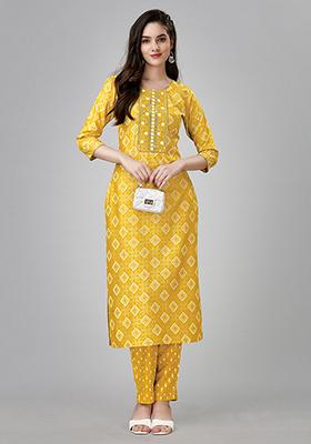 Yellow Resham Embroidered Rayon Kurta Set