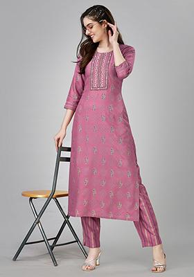 Wine Resham Embroidered Rayon Kurta Set