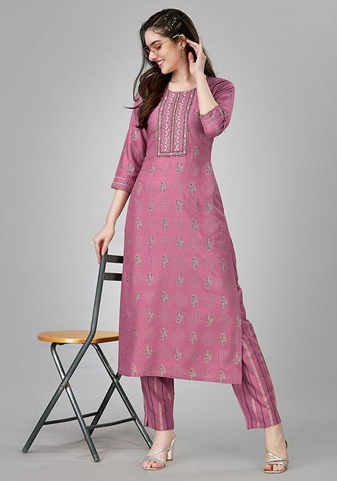 Wine Resham Embroidered Rayon Kurta Set