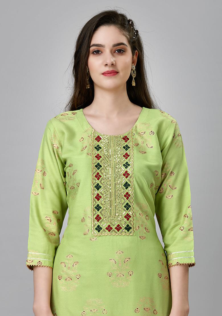 Green Resham Embroidered Rayon Kurta Set