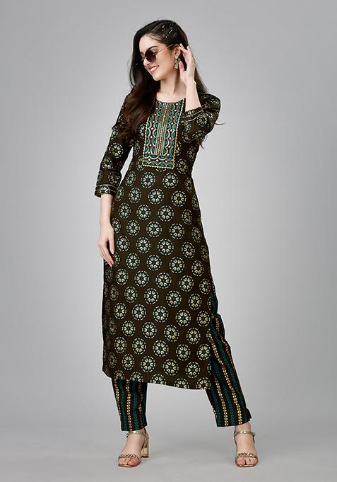 Brown Resham Embroidered Rayon Kurta Set