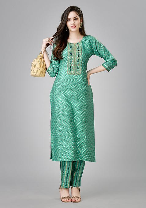 Green Resham Embroidered Rayon Kurta Set