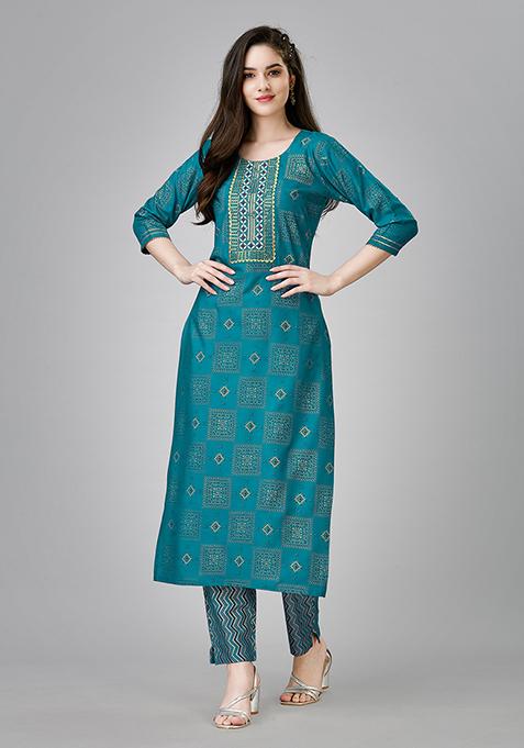 Green Resham Embroidered Rayon Kurta Set