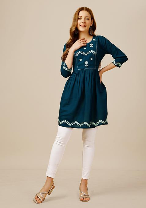 Blue Resham Embroidered Rayon Kurta